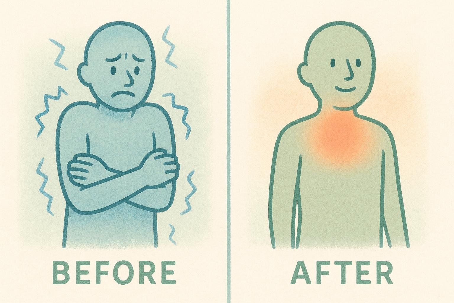 Illustration showing a person shivering from cold before adaptation, and a calm, smiling person with a warm chest after adaptation.