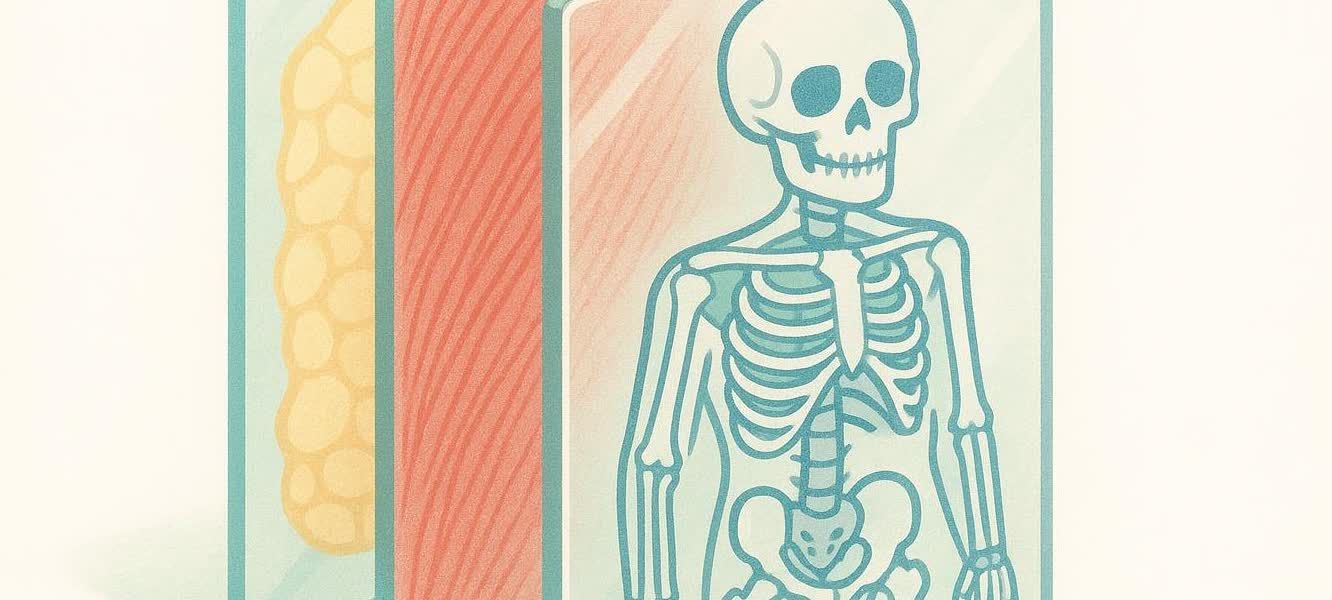 A diagram showing different layers of the human body, with sections labeled as bone, muscle tissue, and fat cells.