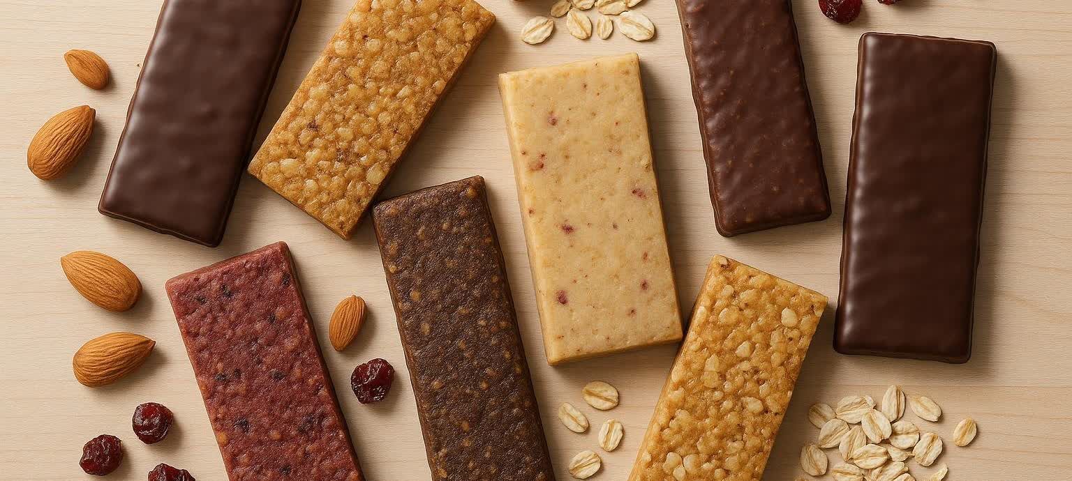 A flat lay of several different types of protein bars surrounded by healthy ingredients like nuts and berries.