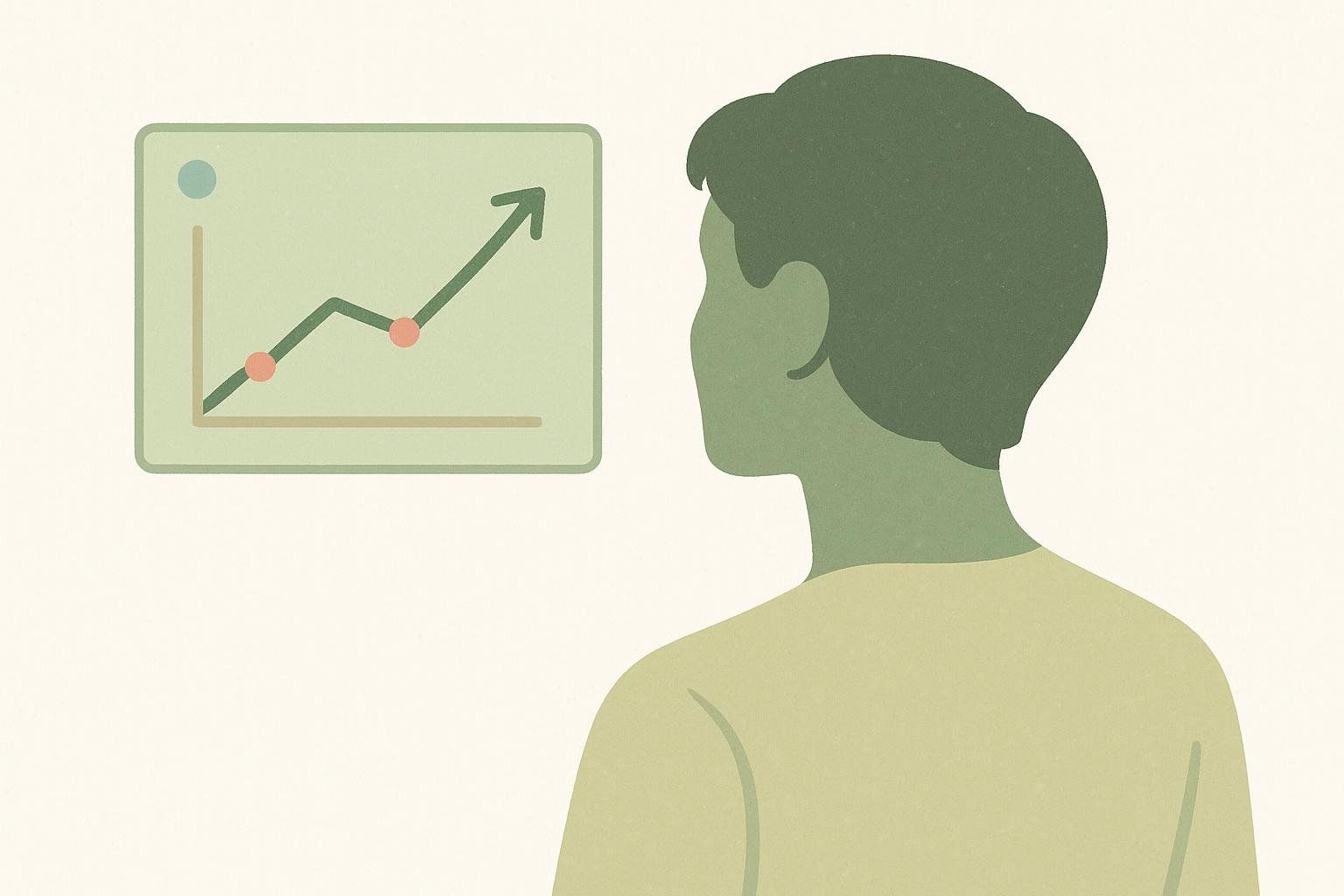 Silhouette of a person looking at an upward trend line on a chart, representing data tracking or progress.