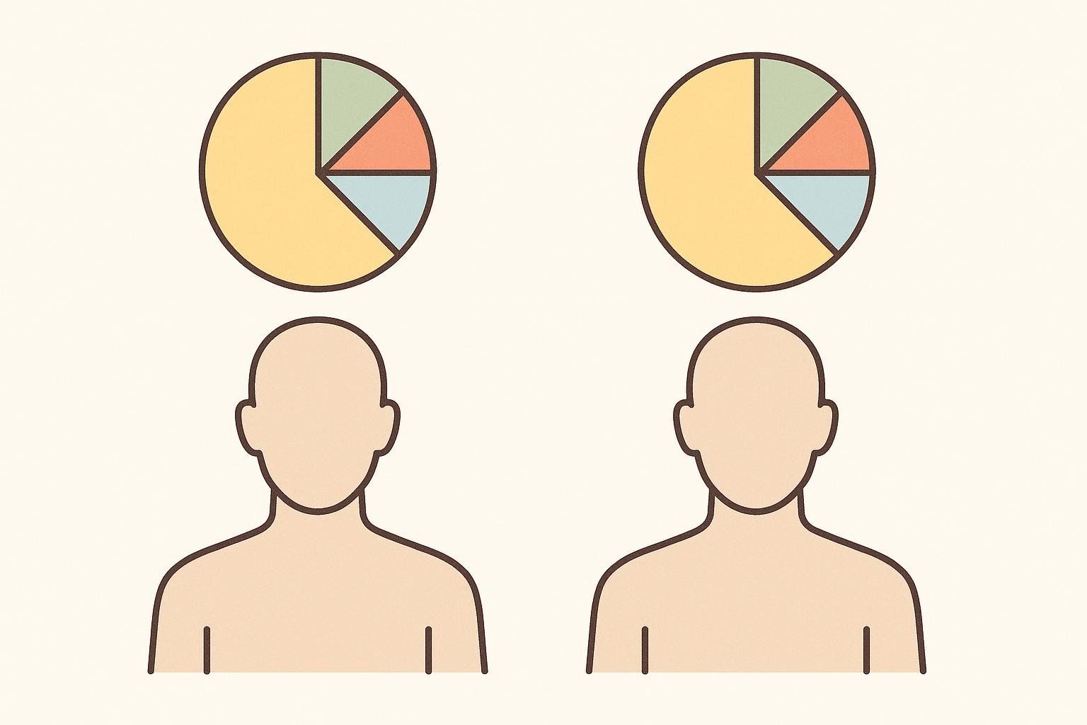 An illustration showing two identical human torsos with heads (without facial features), each paired with a pie chart above them. The pie charts are nearly identical, with a large yellow section and smaller green, orange, and light blue sections.