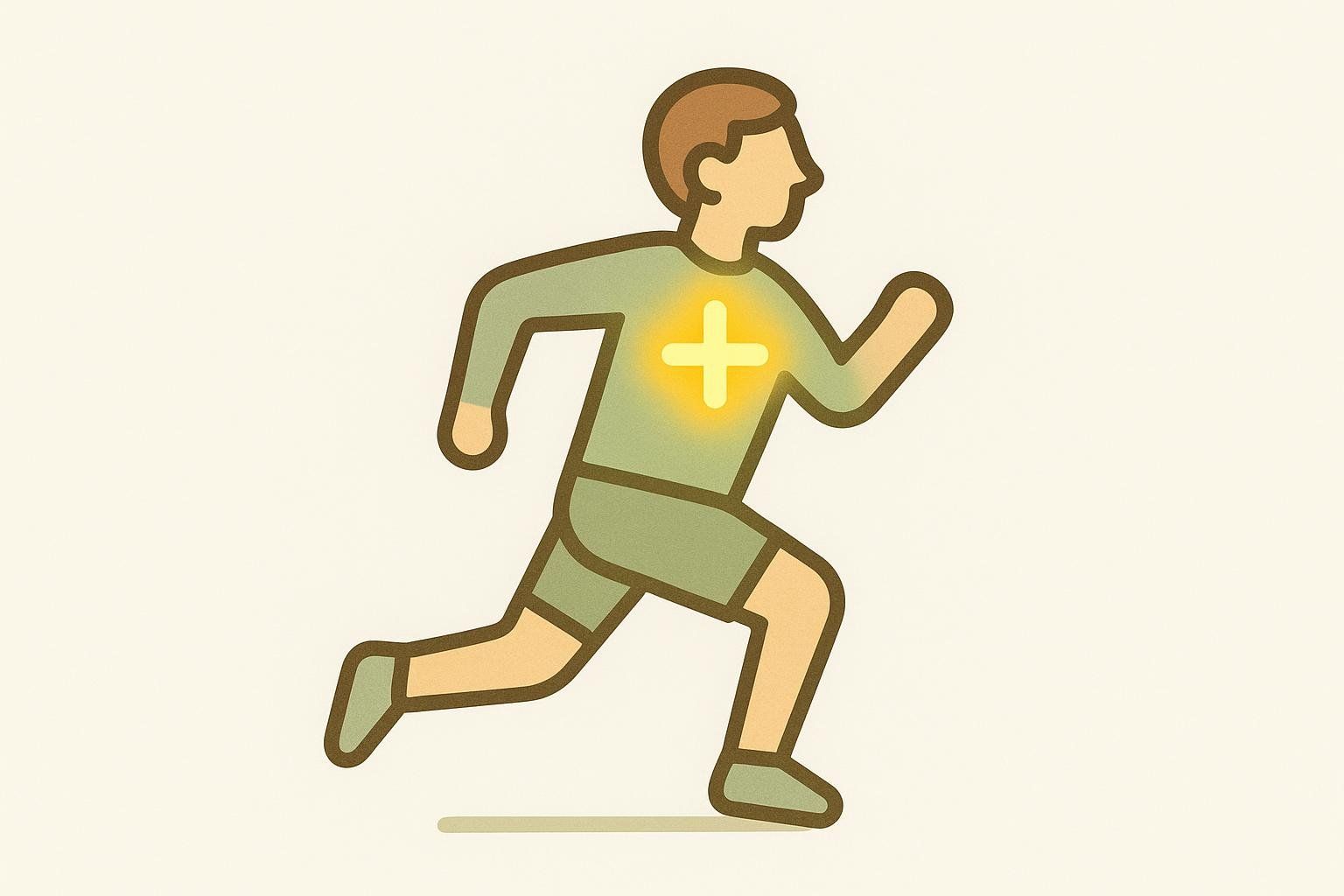 A stylized icon showing a runner in mid-stride. A glowing yellow plus sign is centered on their chest, indicating enhanced endurance or health benefits, possibly related to cordyceps.