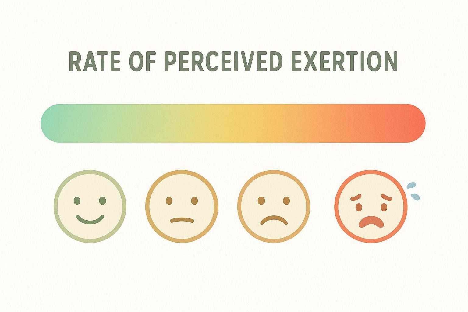 A colorful visual scale without numbers, labeled 'Rate of Perceived Exertion (RPE)', using a gradient from green to orange and four emoticons (happy, neutral, sad, sweating-sad) to indicate intensity from low to high.