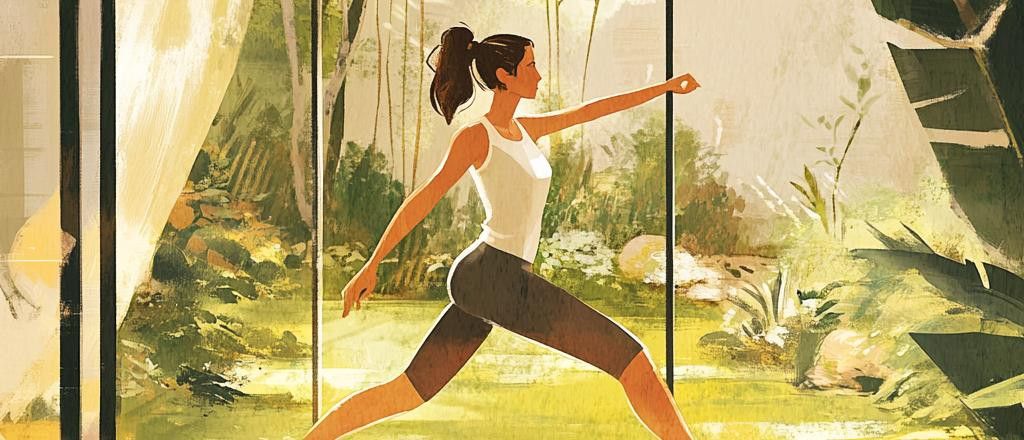 An illustration of a woman doing yoga in a natural setting.