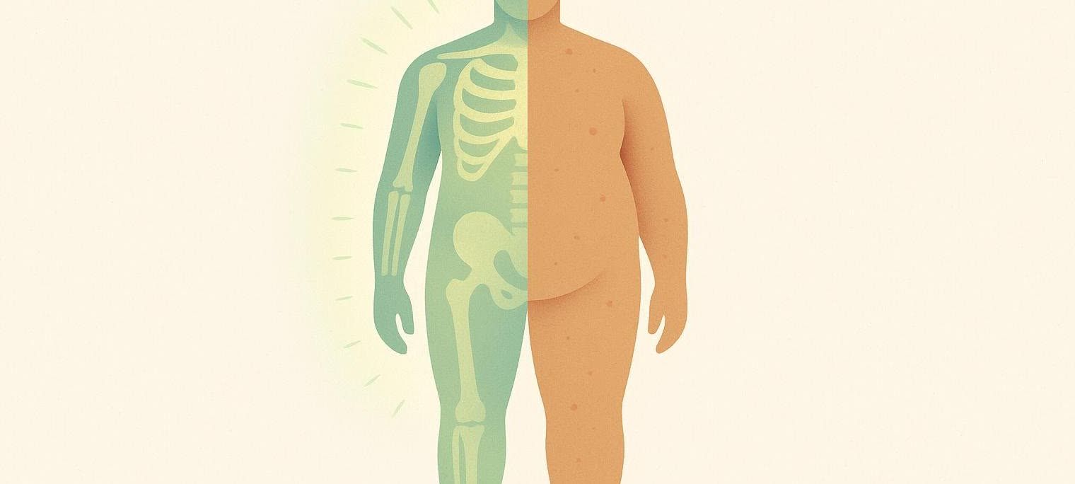 Illustration showing a human body split vertically with the left side showing a lean silhouette revealing the skeleton and the right side showing a silhouette with a larger build representing fat mass.