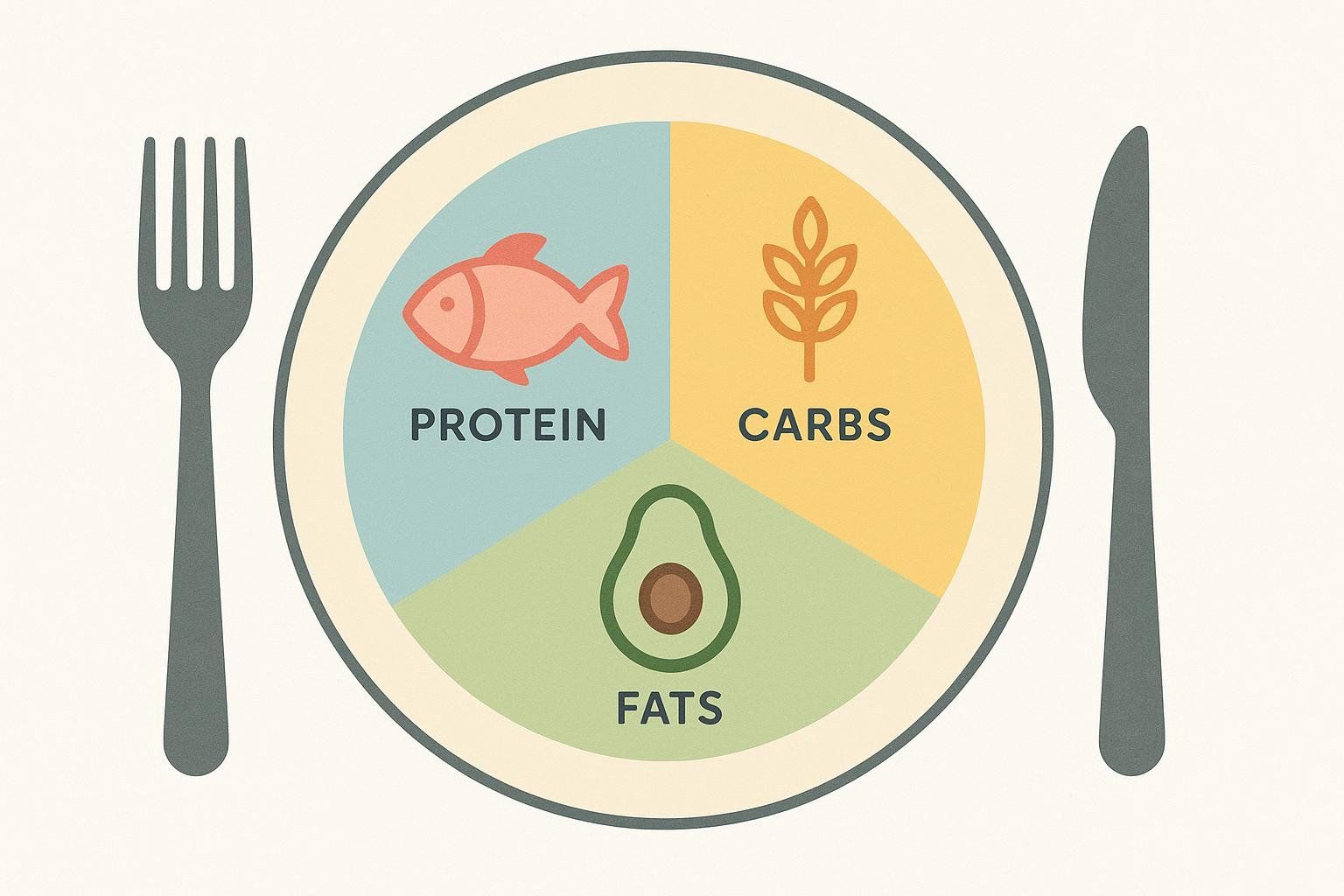 An illustration of a plate divided into sections for protein, carbs, and fats, a template for building a healthy meal.