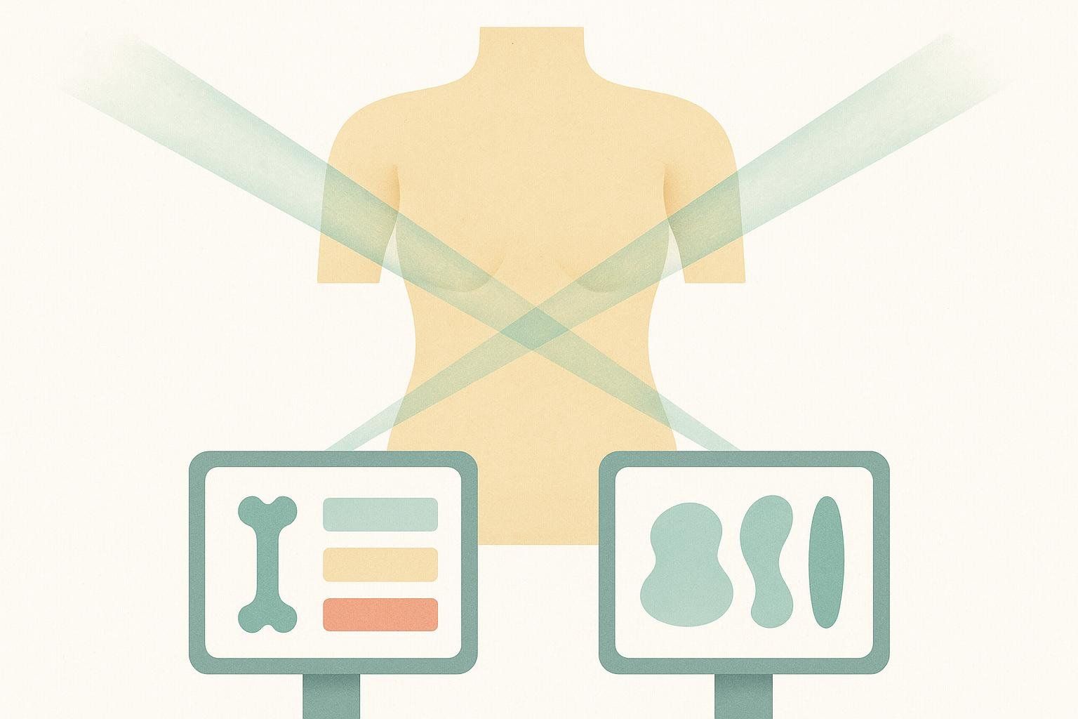 Abstract illustration showing how DEXA works using two low-energy X-ray beams to differentiate body tissues. Two screens below show icons representing bone and other tissues.