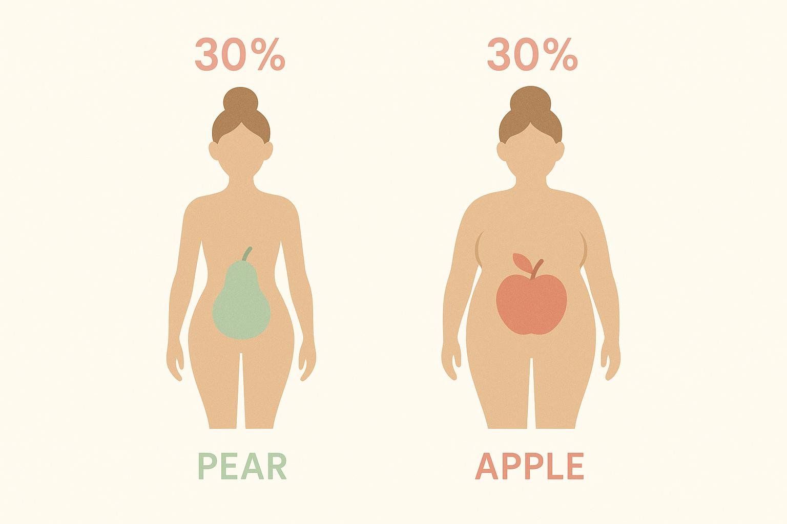 Illustration comparing two different female body types, both at 30% body fat: a pear shape (narrower waist, wider hips and thighs, with a green pear icon on the lower body) and an apple shape (wider waist and torso, with a red apple icon on the stomach). The image highlights how appearance varies despite the same body fat percentage.
