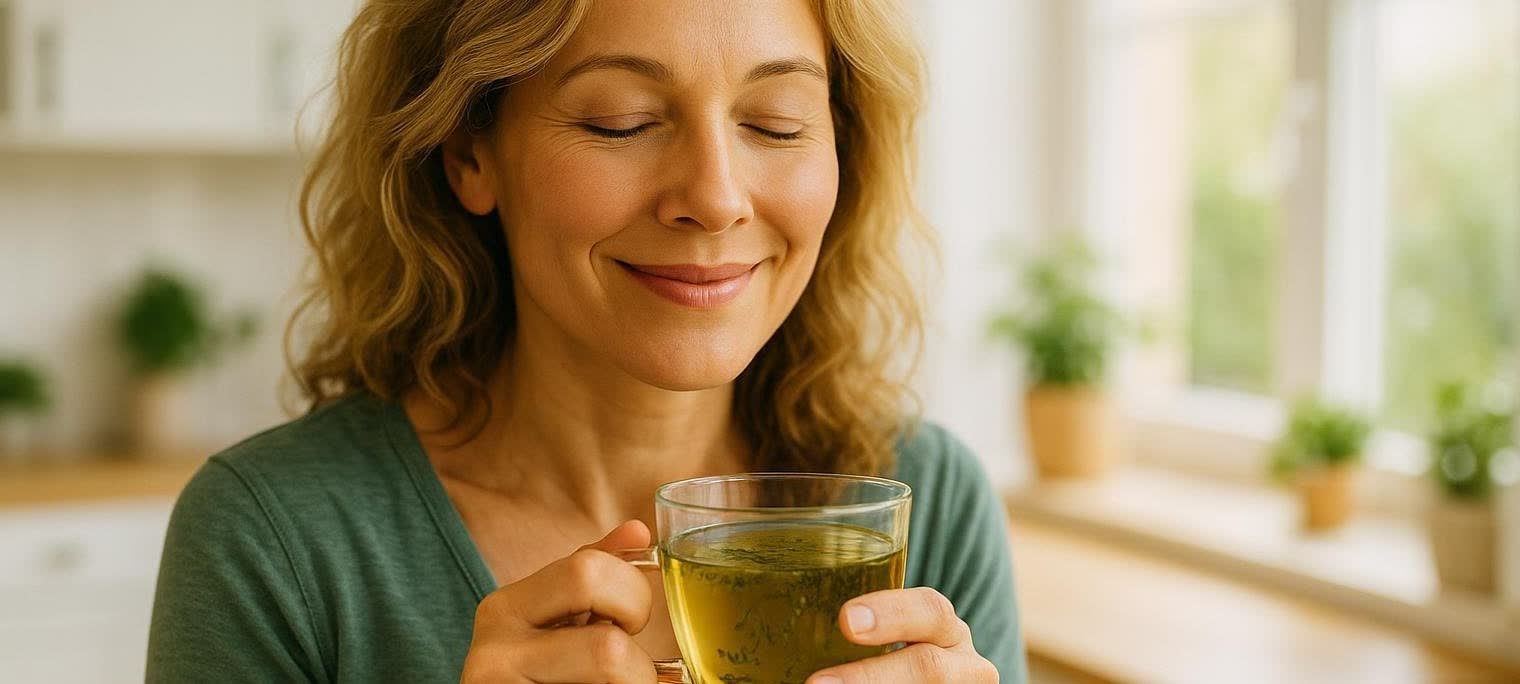A woman with her eyes closed, smiling peacefully, holding a clear mug of green tea. She appears calm and healthy, representing well-being.