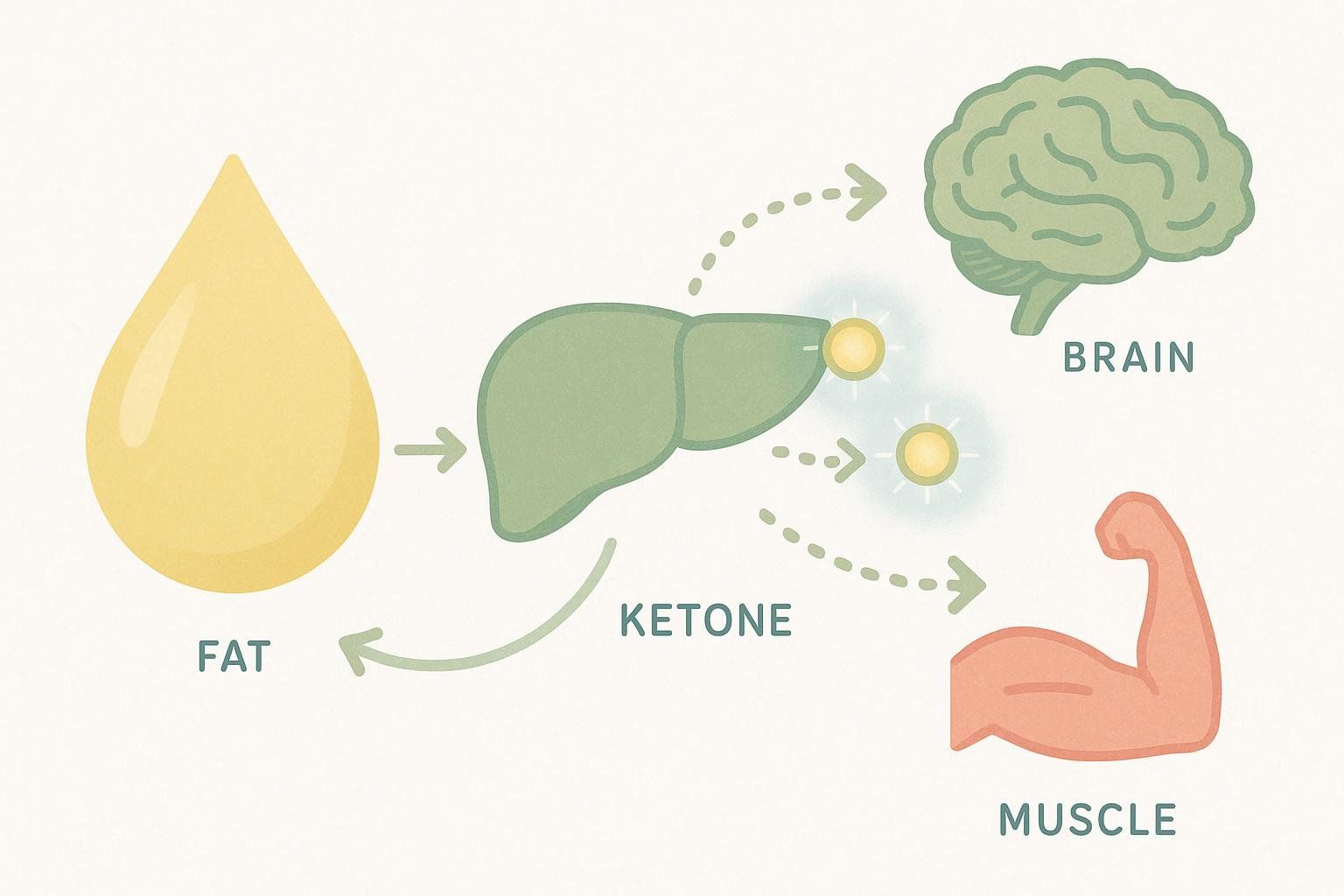 An abstract diagram showing the liver converting fatty acids into ketones, which then fuel the body and brain.