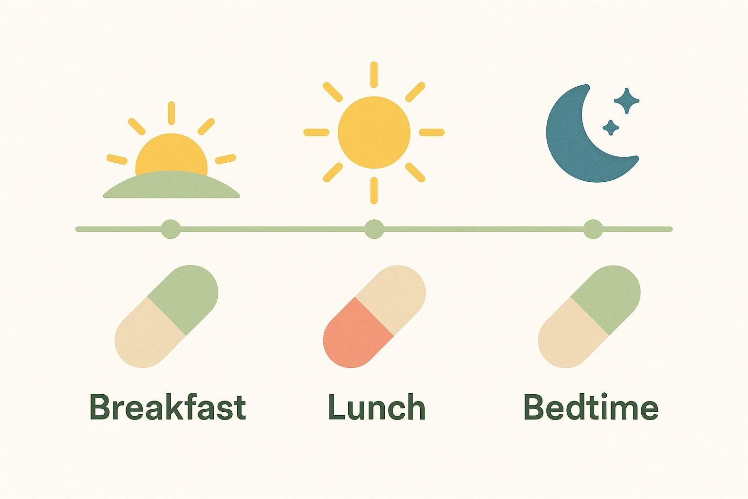 An infographic illustrating a daily timeline for taking supplements. It shows a morning sun icon for 'Breakfast' with a green and beige pill, a noon sun icon for 'Lunch' with a coral and beige pill, and a moon and stars icon for 'Bedtime' with a green and beige pill.