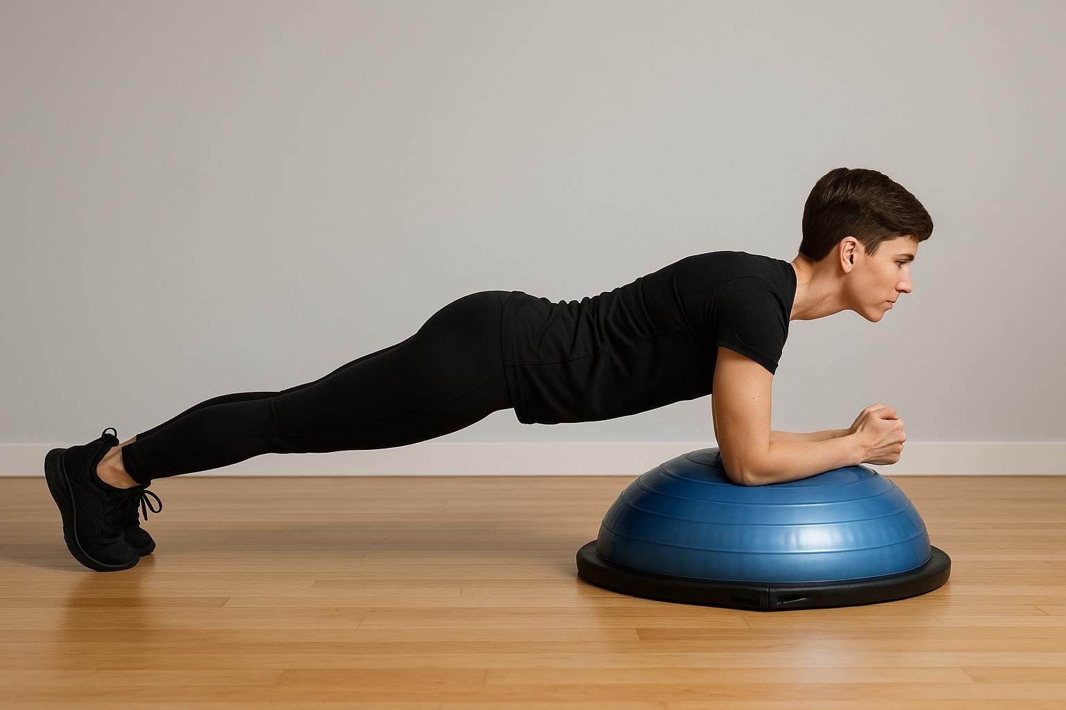 A person with short dark hair, wearing a black t-shirt and black leggings, demonstrates a forearm plank on a blue Bosu ball with good form. They are positioned sideways, looking to the right, with their forearms on the domed surface and their body in a straight line from head to heels.