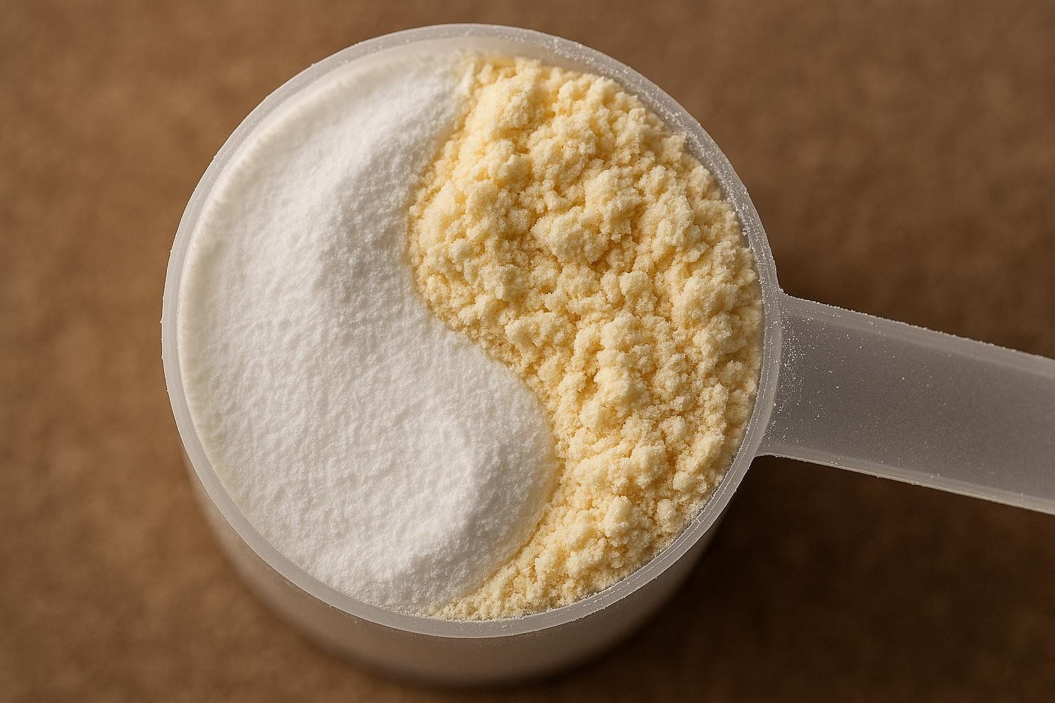 A close-up, top-down shot of a plastic scoop containing a yin-yang-like blend of white and yellow protein powders. The white powder on the left is smoother, while the yellow powder on the right has a slightly coarser texture, suggesting whey and casein proteins.
