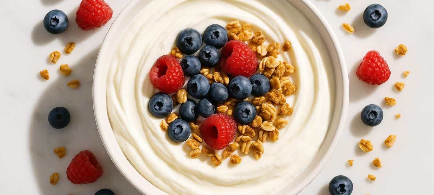 A top-down shot of a healthy and delicious bowl of high-protein Greek yogurt topped with fresh berries and granola.