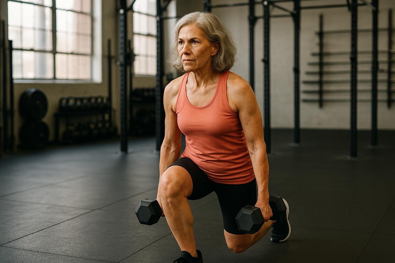 A fit older woman doing weighted lunges, representing an intermediate level resistance exercise.