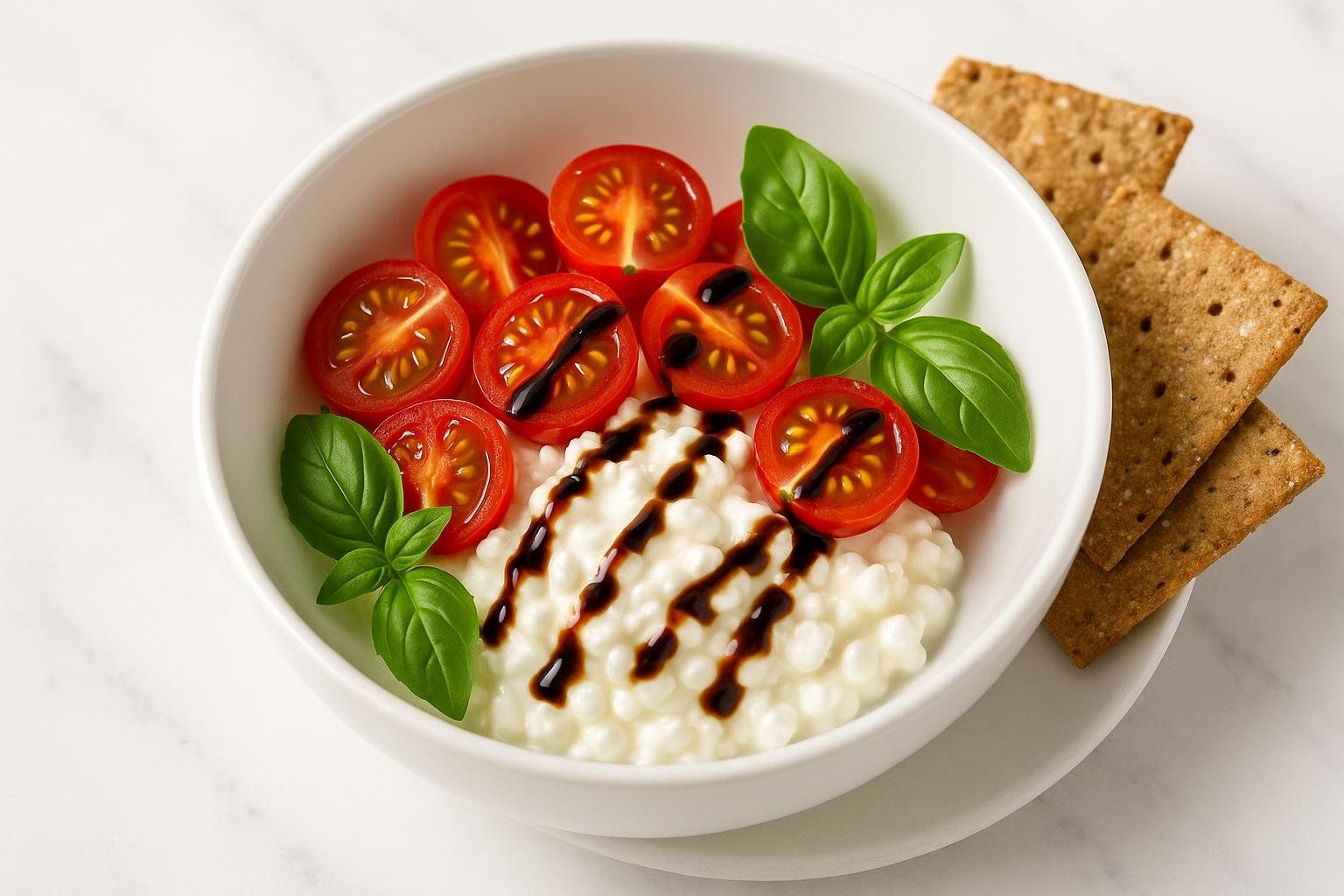 A white bowl containing cottage cheese, halved cherry tomatoes, fresh basil leaves, and a drizzle of balsamic glaze. Three square crackers are visible to the right of the bowl, all presented on a white marble surface.