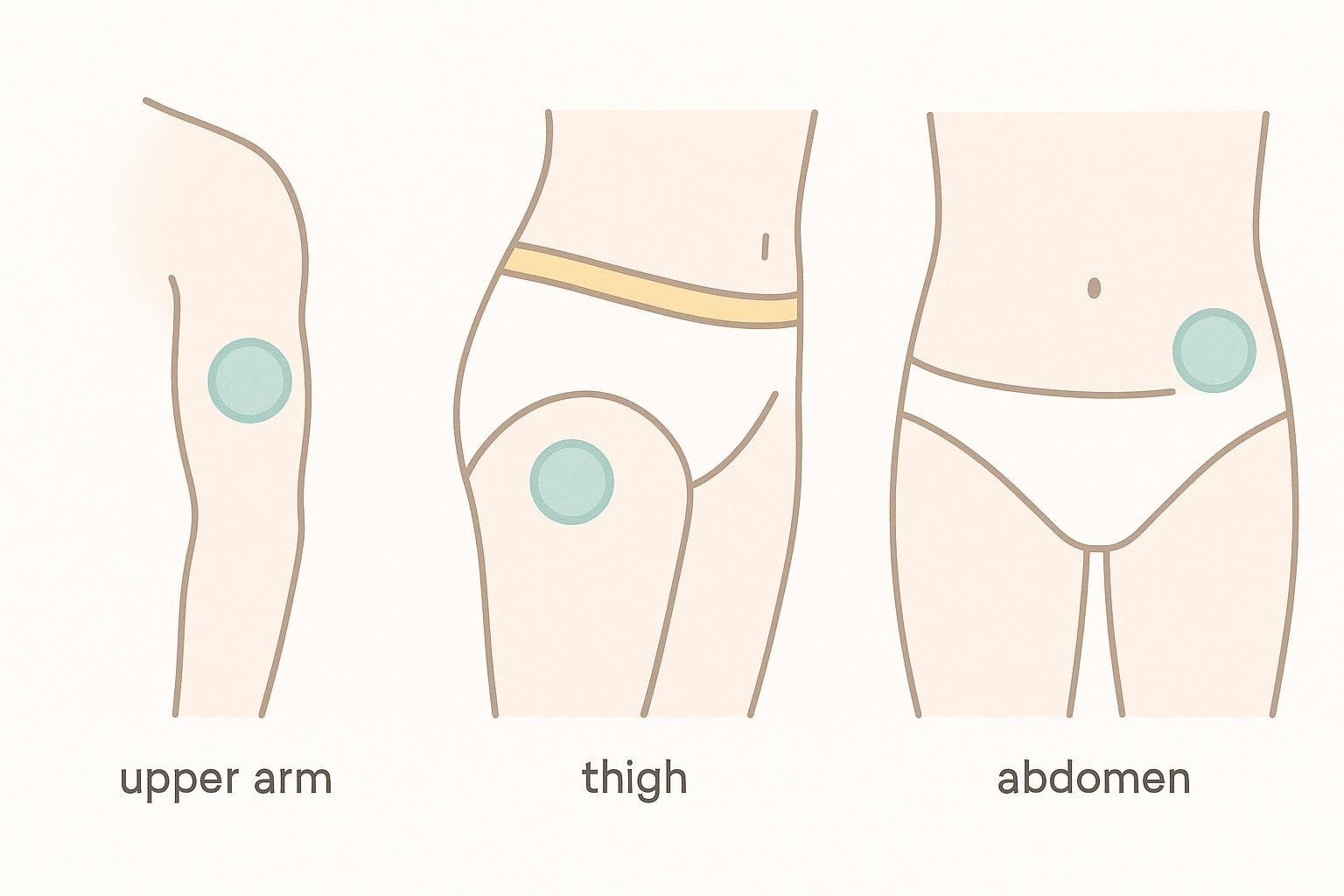 Illustration of the three recommended injection sites for Retatrutide: the abdomen, thigh, and upper arm.