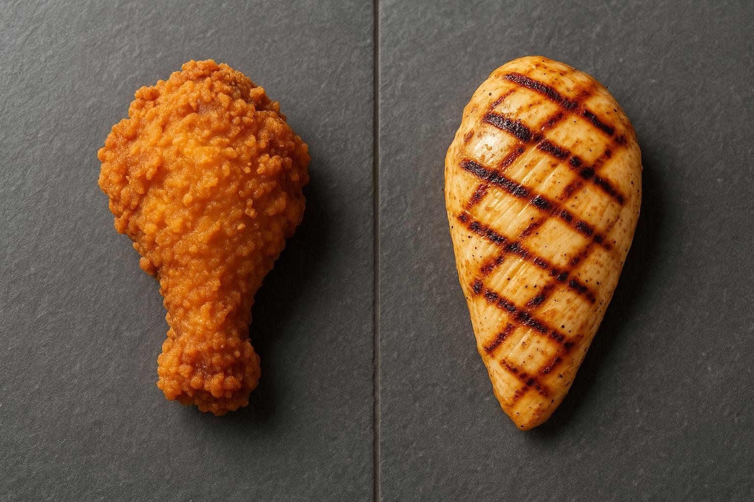 A side-by-side comparison of a crispy fried chicken drumstick and a plain grilled chicken breast with grill marks, both on a dark gray surface, highlighting the difference in preparation.