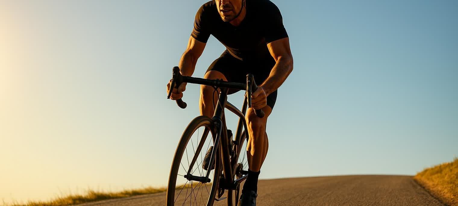 A cyclist at the top of a hill, silouflimmed by the setting sun in a fitness photograph at the top of a hill during golden hour.