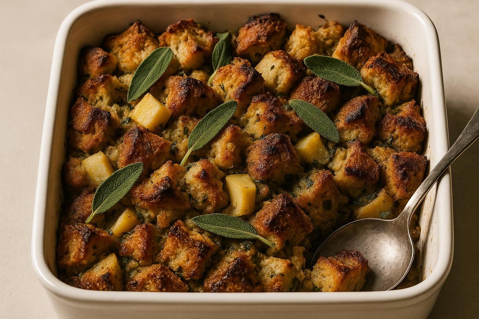 A baking dish of apple-sage sourdough stuffing with a crispy, golden-brown top, garnished with fresh sage leaves, and a serving spoon on the right side.
