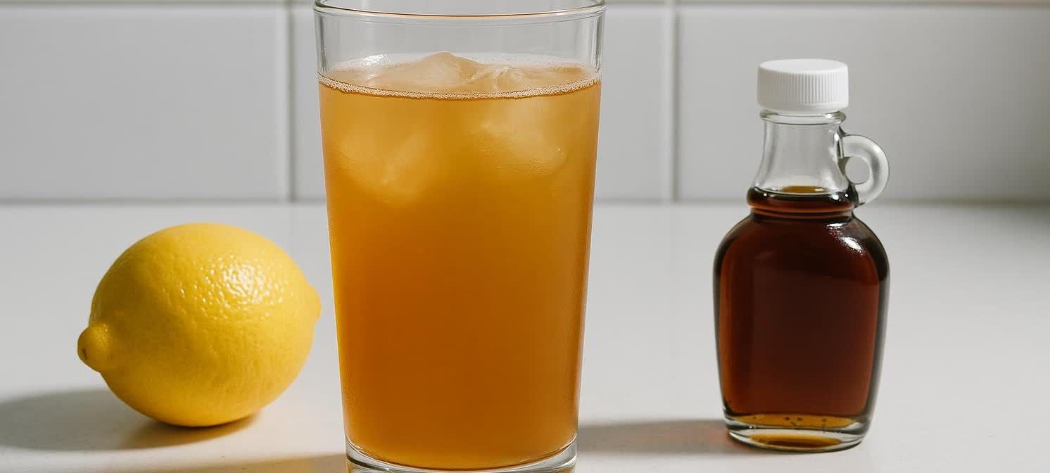 A glass of Master Cleanse lemonade with ice sits on a white counter next to a fresh lemon and a small bottle of maple syrup. The drink is a light brown color.