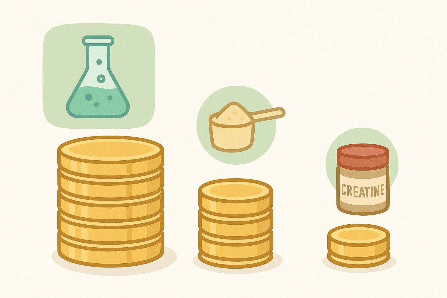 An illustration comparing the high cost of peptides (large coin pile) to the lower cost of creatine and protein (small coin piles).