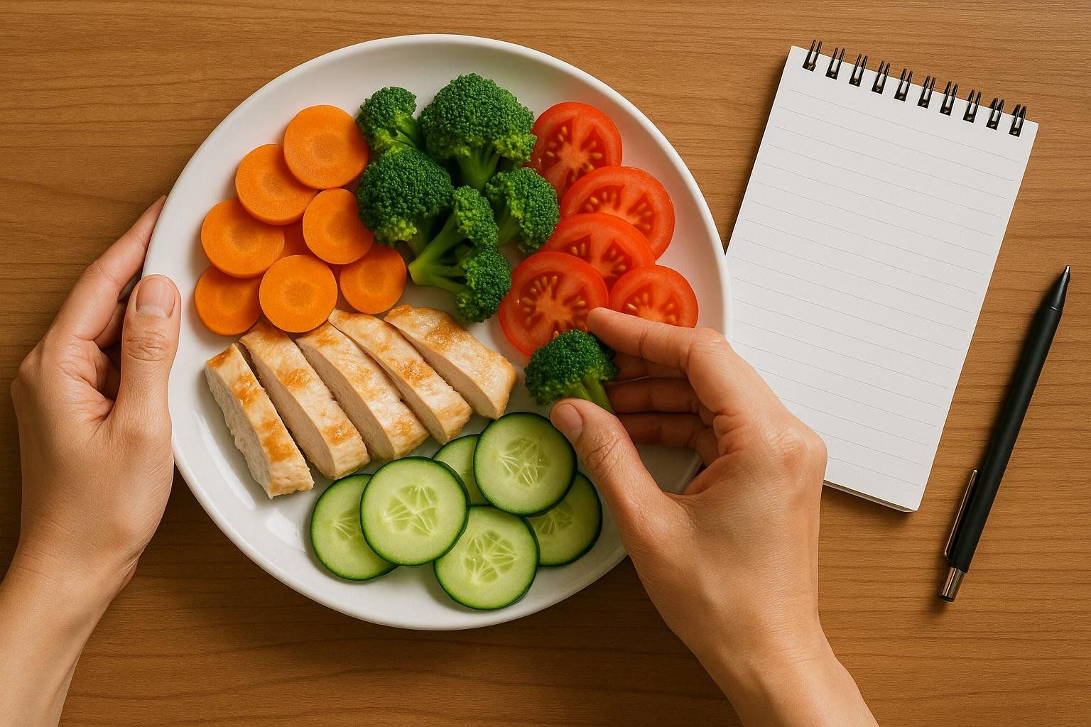 Hands portioning healthy food, including chicken, carrots, broccoli, and cucumber, onto a plate next to a blank notepad and pen.