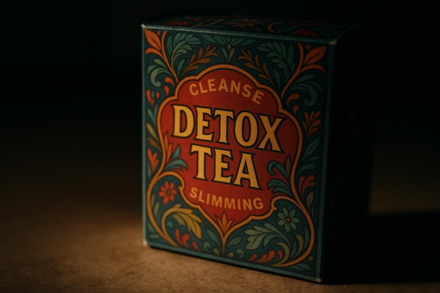 A flashy detox tea box with misleading marketing claims like 'cleanse', shown in a skeptical light.