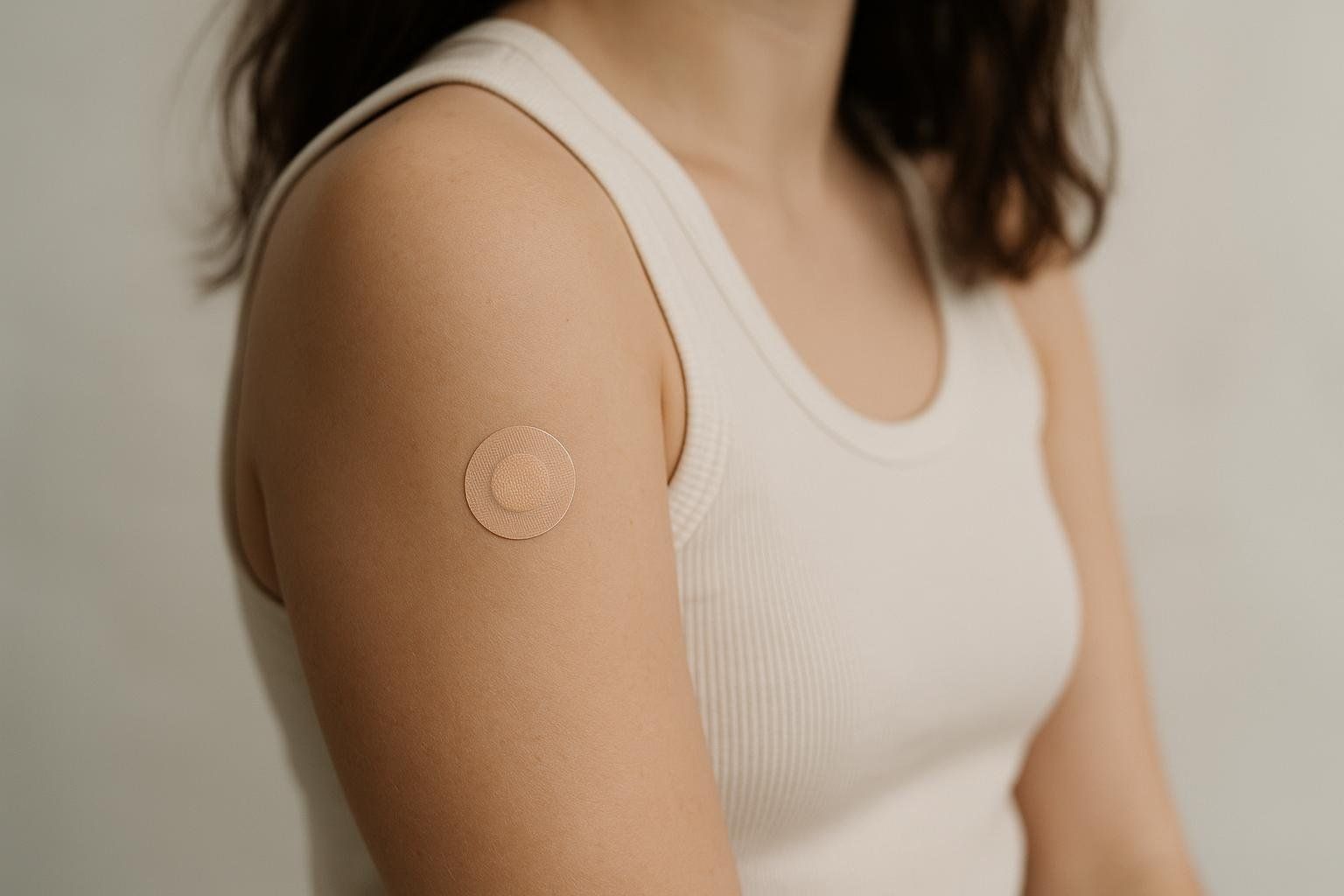 A close-up of a woman's upper arm, showing a small, circular, skin-toned bandage. She is wearing a light-colored ribbed tank top. The bandage is centered on her bicep area.