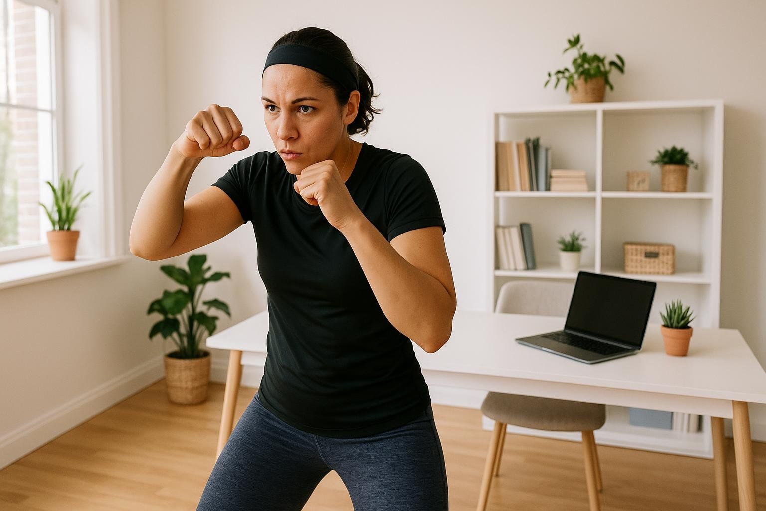 A woman in a black t-shirt and blue leggings is in a fighting stance, fists clenched, looking intently forward. She has a headband on and is in what appears to be a home office, with a desk and bookshelf visible in the background. The room is brightly lit with large windows.