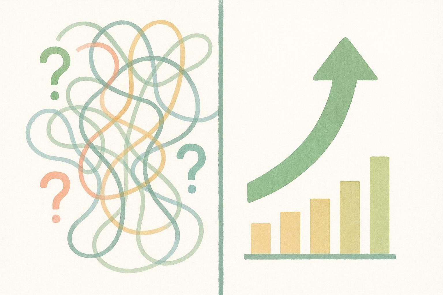 Illustration comparing a chaotic mess of lines and question marks on the left, representing confusion, with a bar graph showing growth and an upward arrow on the right, representing clear progress.