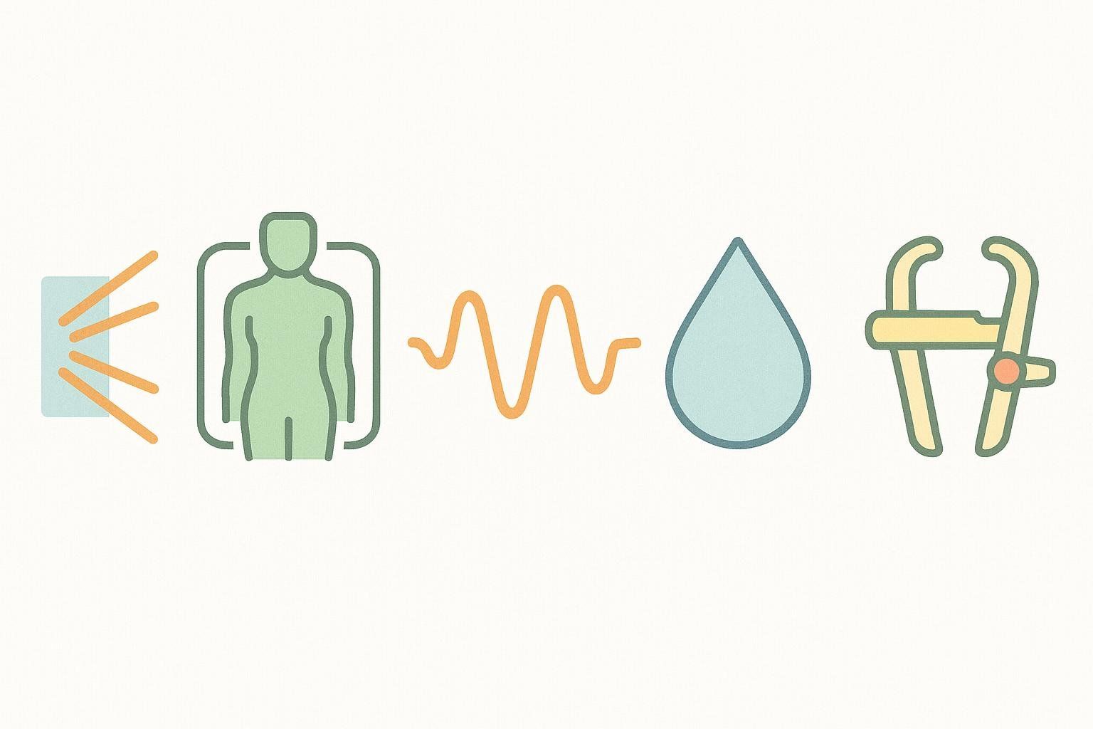 Row of abstract icons representing different body composition measurement methods: X-rays, 3D scan, BIA, hydrostatic weighing, calipers.