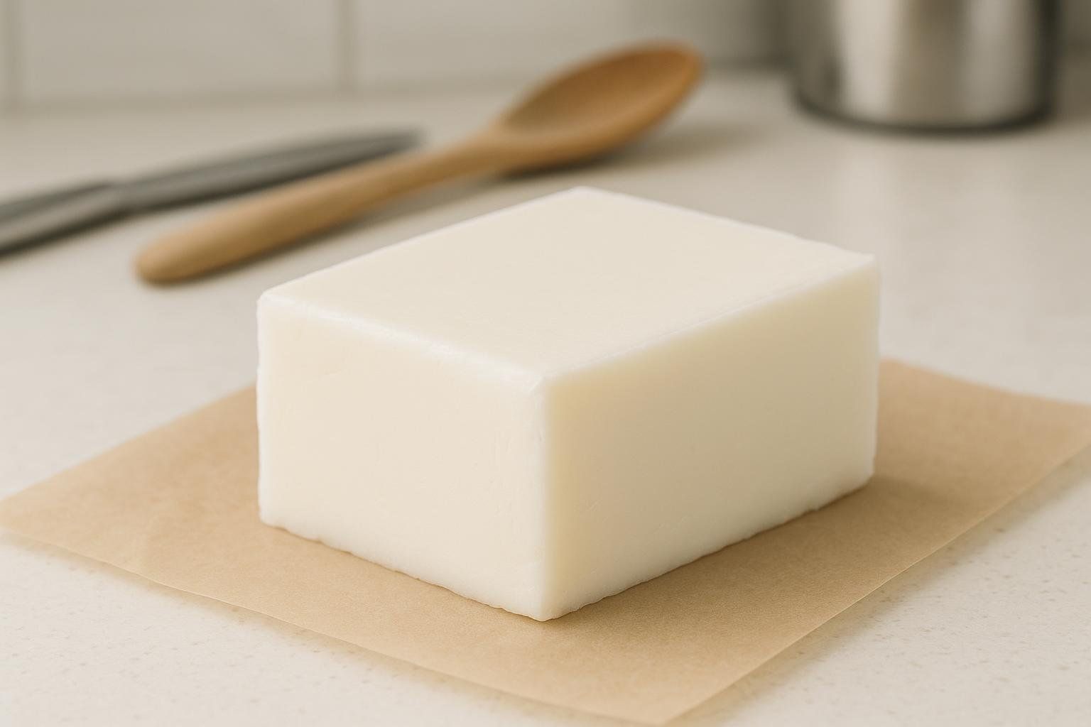 A solid block of white beef tallow sits on a piece of brown parchment paper on a light-colored kitchen counter. A wooden spoon and a knife are out of focus in the background.