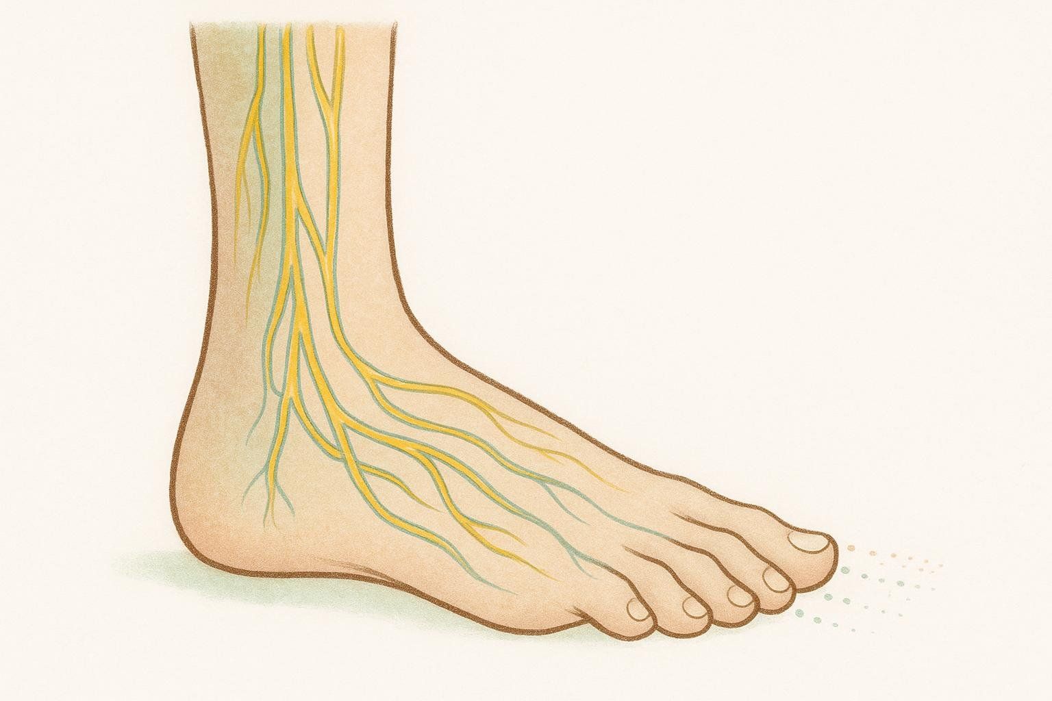 An illustration of a human foot with nerves depicted in yellow and blue. As the nerves extend towards the toes, especially the big toe, they fade and become speckled, representing sensory loss from peripheral neuropathy.