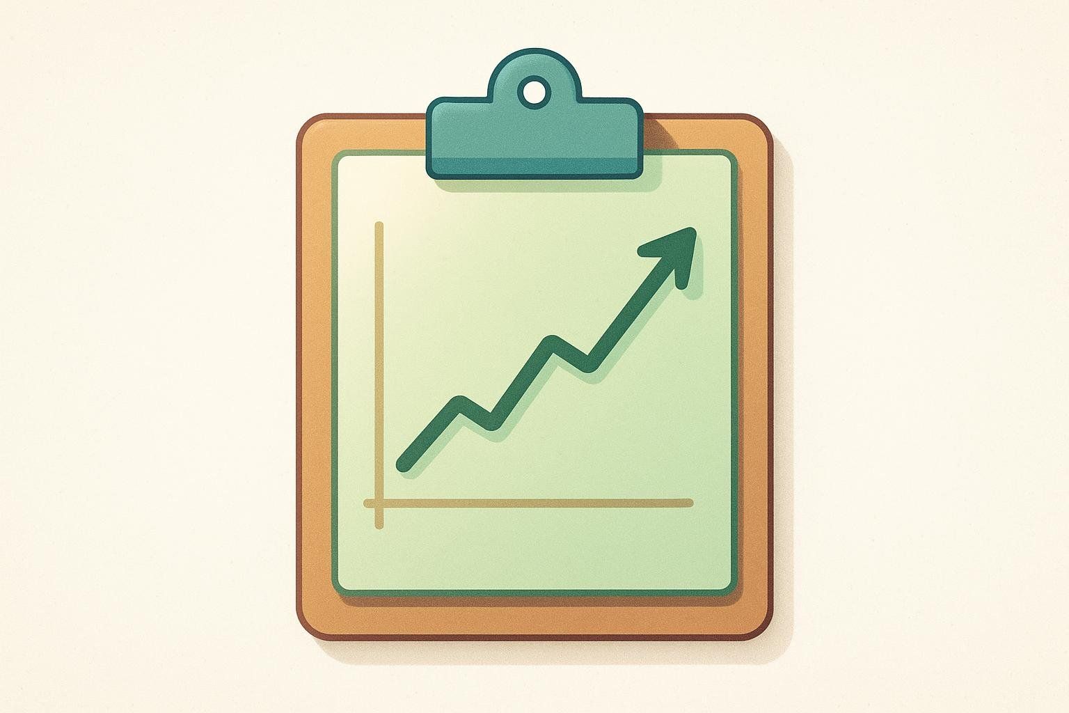 A clipboard showing a rising line graph, symbolizing objective progress tracking instead of relying on feelings of soreness.