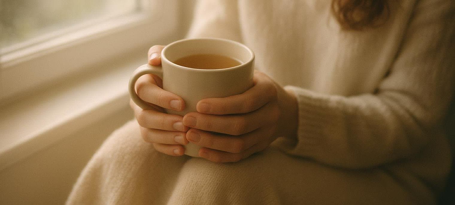 Close-up of a woman's hands, wearing a light-colored sweater, gently holding a warm mug filled with a beverage, suggesting comfort and self-care.