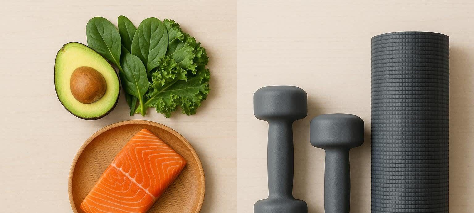 A flat lay image showing healthy food including salmon, avocado, spinach, and kale on one side, and exercise equipment including dumbbells and a yoga mat on the other, representing a balanced lifestyle.
