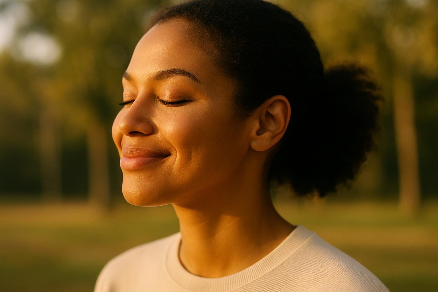 A smiling woman with closed eyes and her face tilted upwards, enjoying the sunlight on her skin in an outdoor setting.