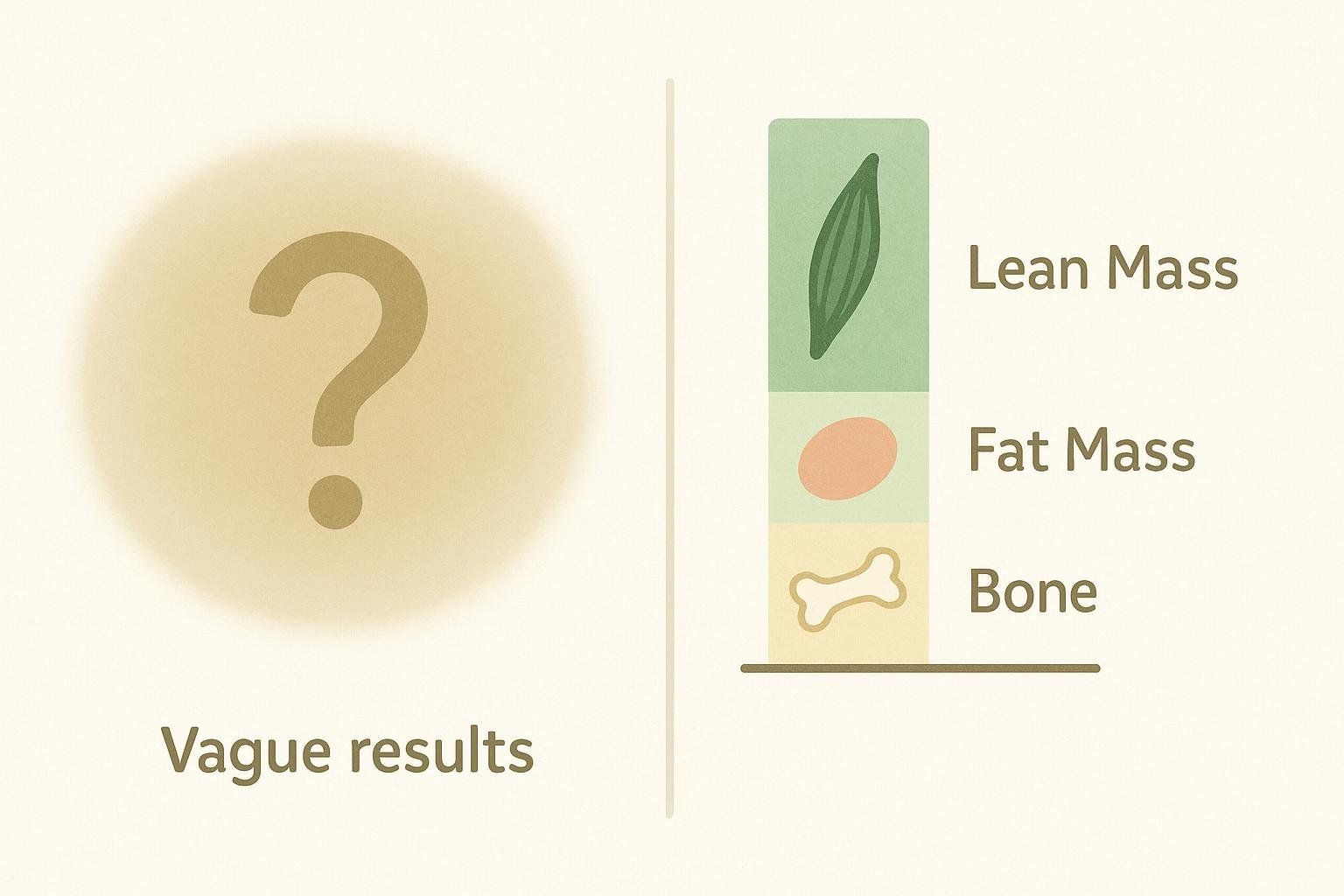Illustration showing a blurred shape with a question mark labeled "Vague results" next to a clear chart showing "Lean Mass," "Fat Mass," and "Bone" segments.