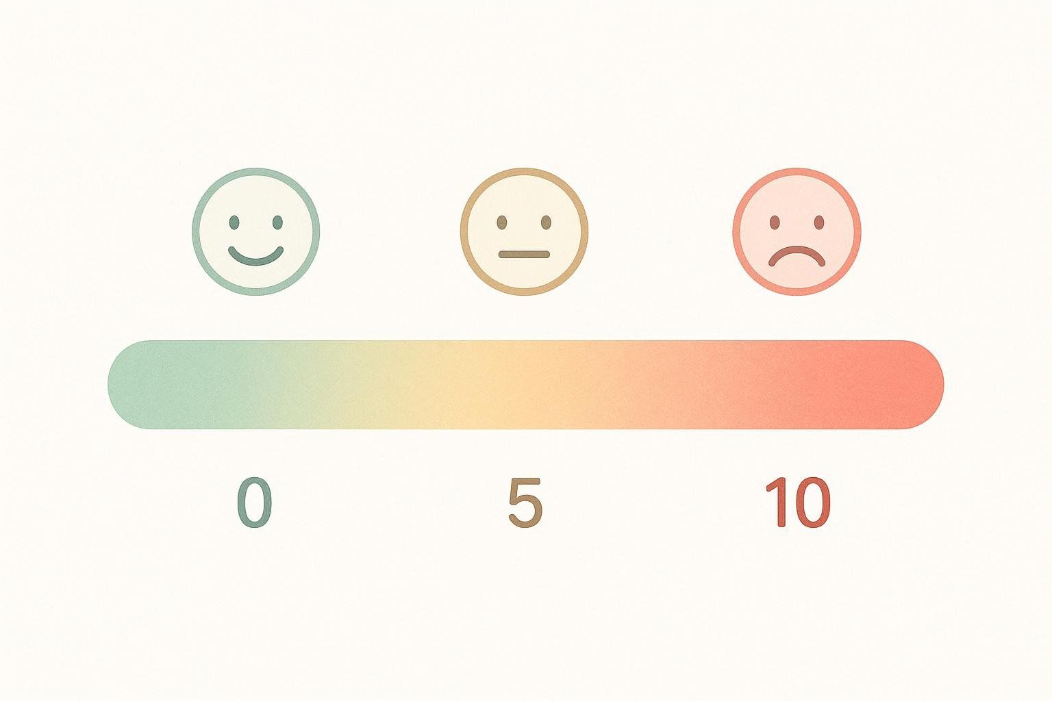 A visual pain scale from 0 to 10. It shows a color gradient from green (0, happy smiley) to yellow/orange (5, neutral emoji) to red (10, sad frowny emoji).