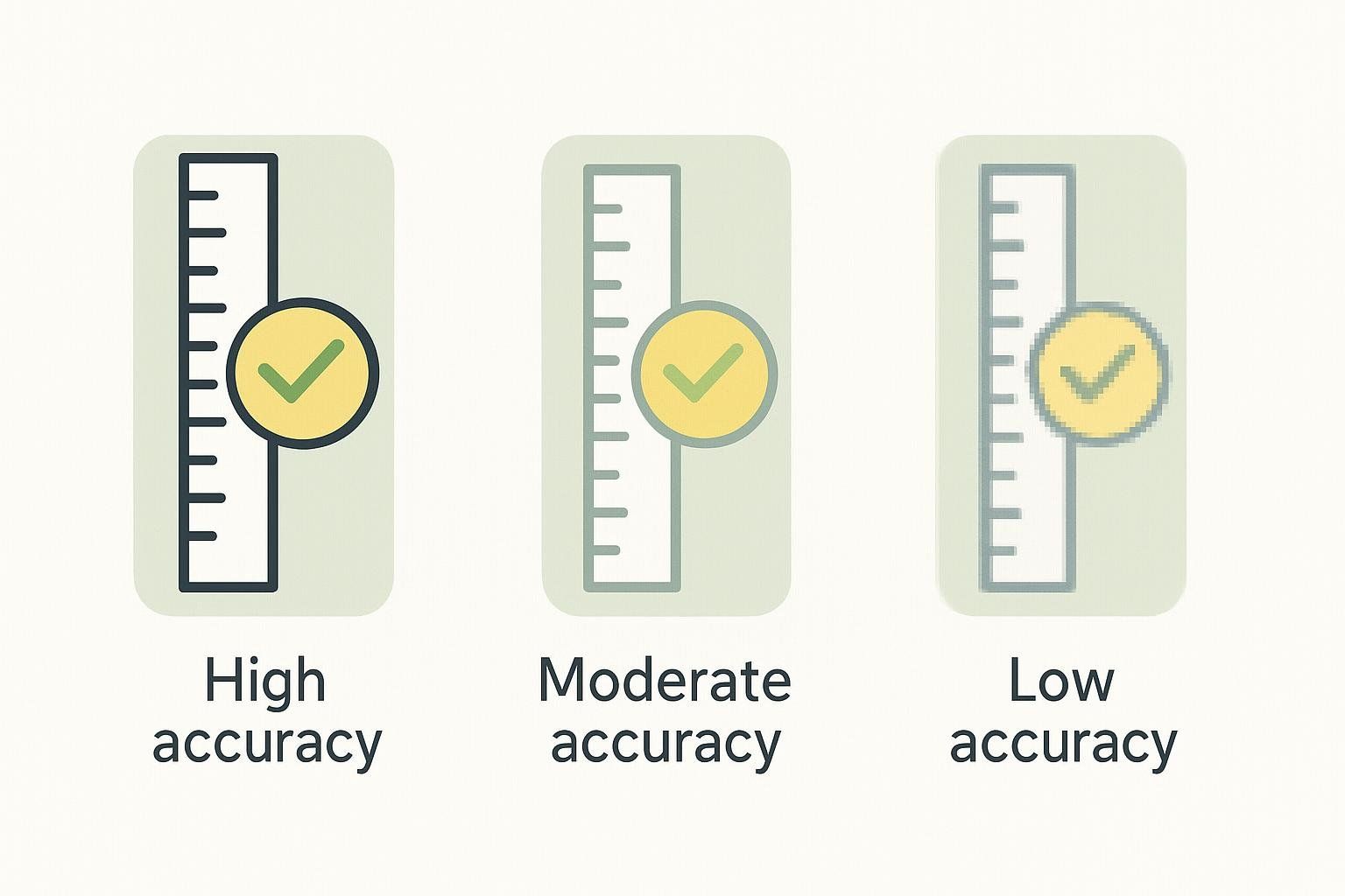Abstract icons comparing measurement accuracy: one sharp, one blurred, one pixelated, representing different precision levels.