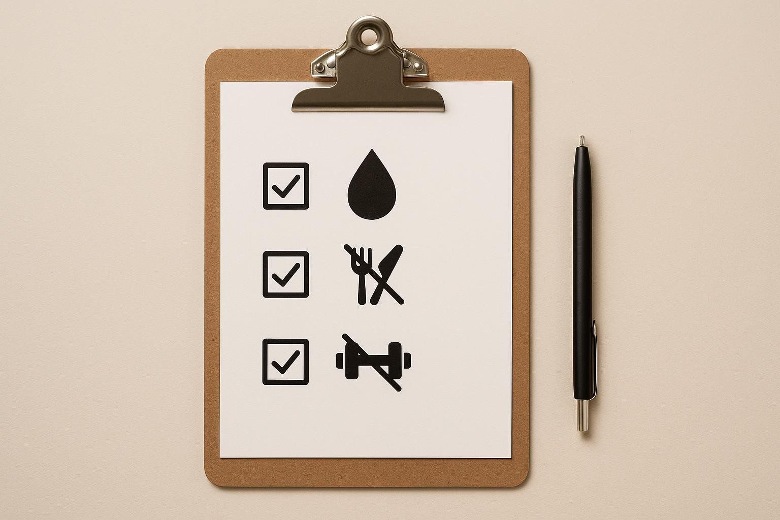 A checklist on a clipboard with icons for hydration, fasting (crossed out fork and knife), and no exercise (crossed out dumbbell), next to checkmarks. A black pen lies next to the clipboard.