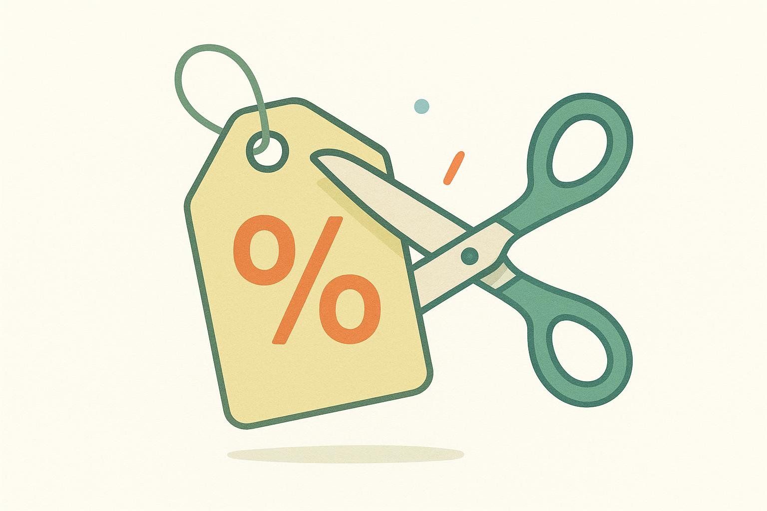 An illustration of teal scissors cutting a light yellow price tag with an orange percent (%) symbol on it, symbolizing discounts, sales, and savings.