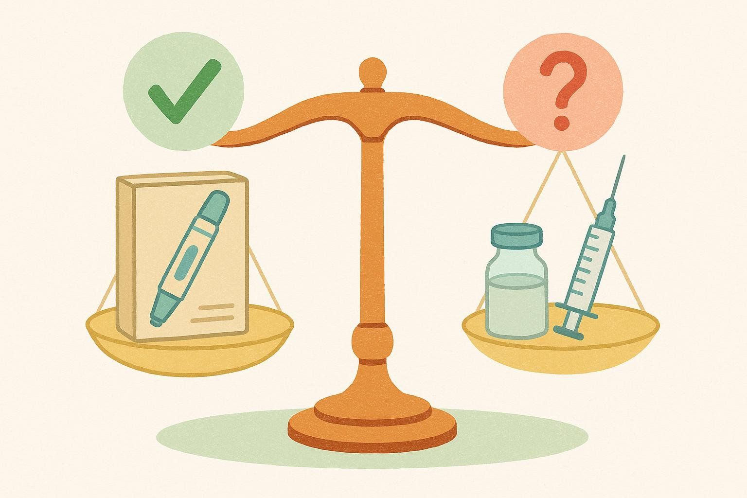A balance scale comparing an FDA-approved injection pen against an unapproved compounded vial, weighing safety and legitimacy.