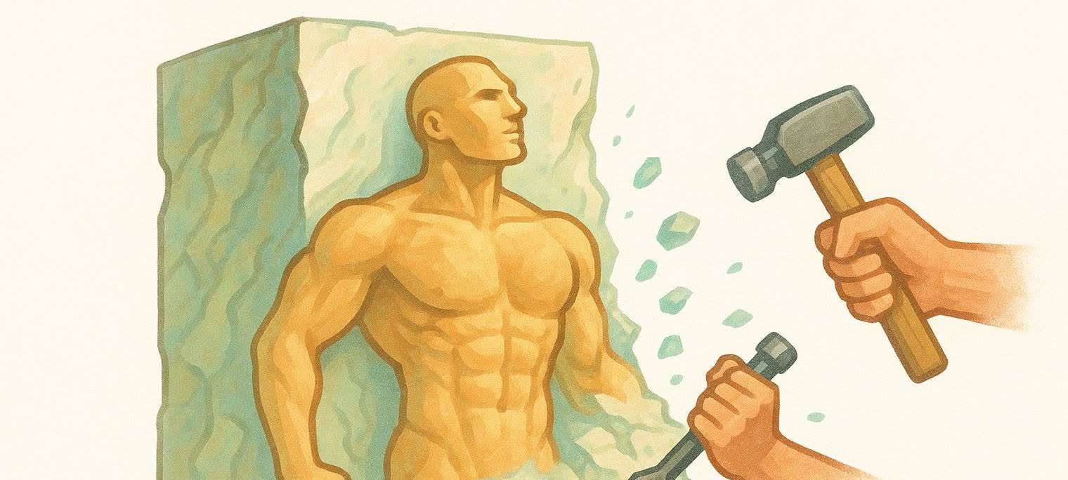 An illustration depicting a muscular male physique being sculpted from a block of stone by hands holding a hammer and chisel. The figure already has well-defined muscles, and several small chips of stone are seen flying away from the block, symbolizing the process of refining a physique.