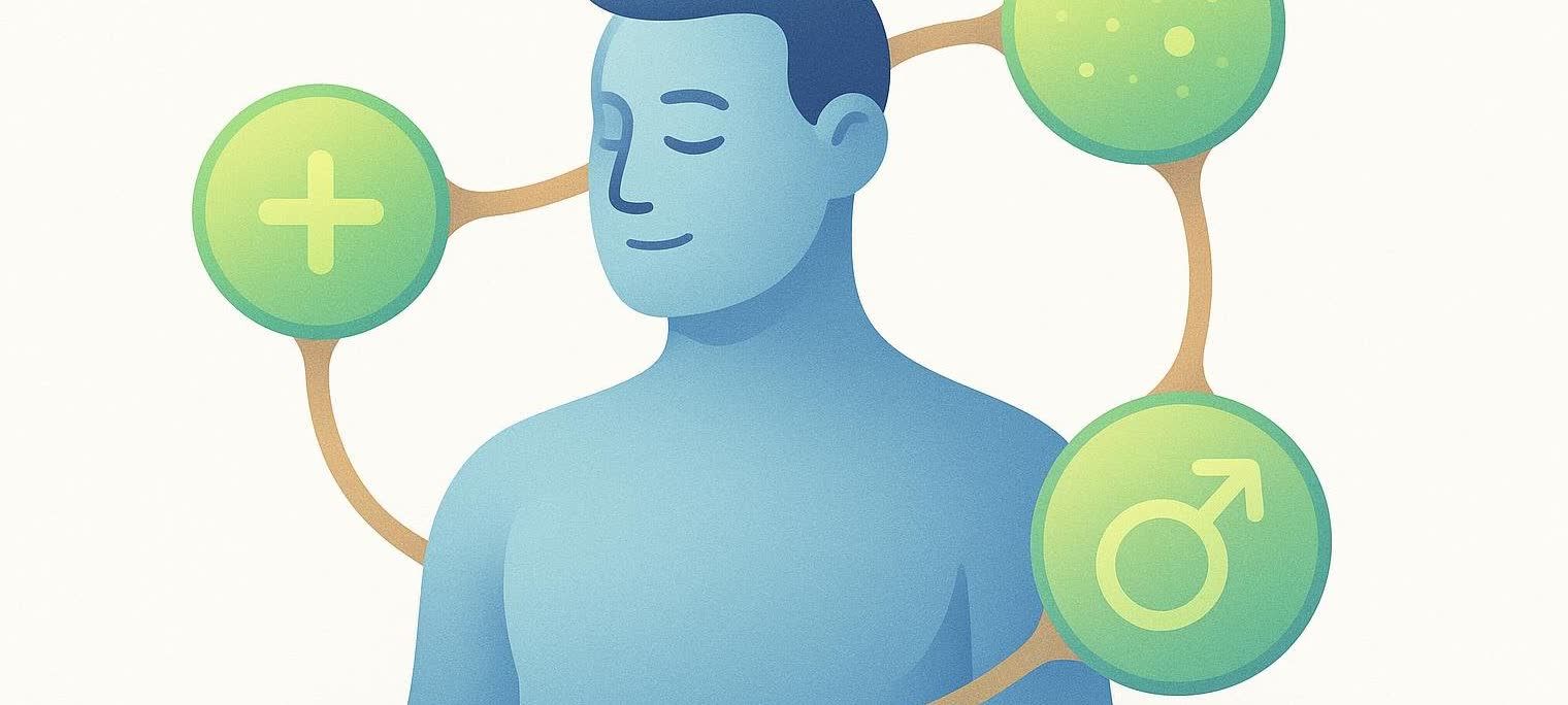 Abstract illustration depicting hormonal balance with interconnected blue and green shapes.