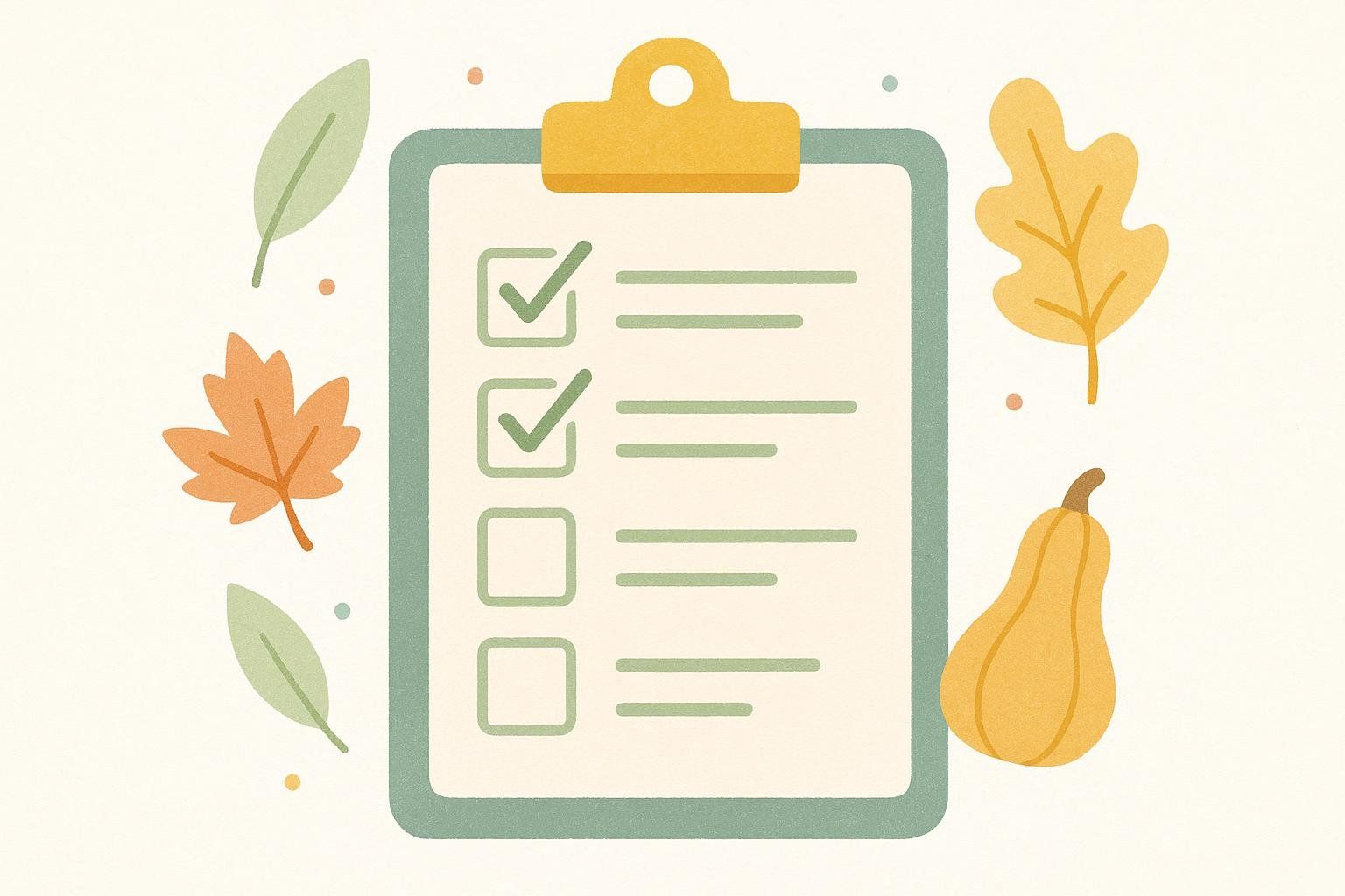 An illustration of a clipboard with a Thanksgiving prep checklist, decorated with autumn leaves and a butternut squash.