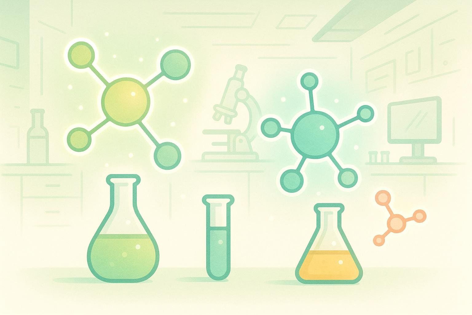 An illustration depicting various scientific elements within a laboratory setting, including molecular structures, beakers, test tubes, and faint outlines of laboratory equipment like a microscope and computer. The color palette is light green and yellow.
