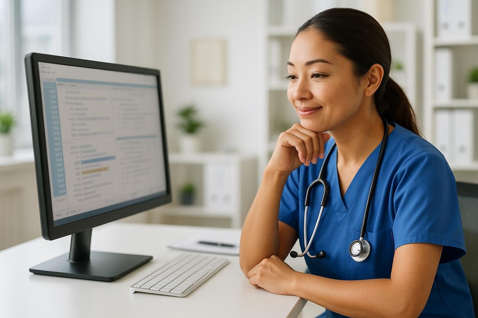 A thoughtful medical professional reviews patient information on a computer at a desk, focusing on ICD-10 coding.