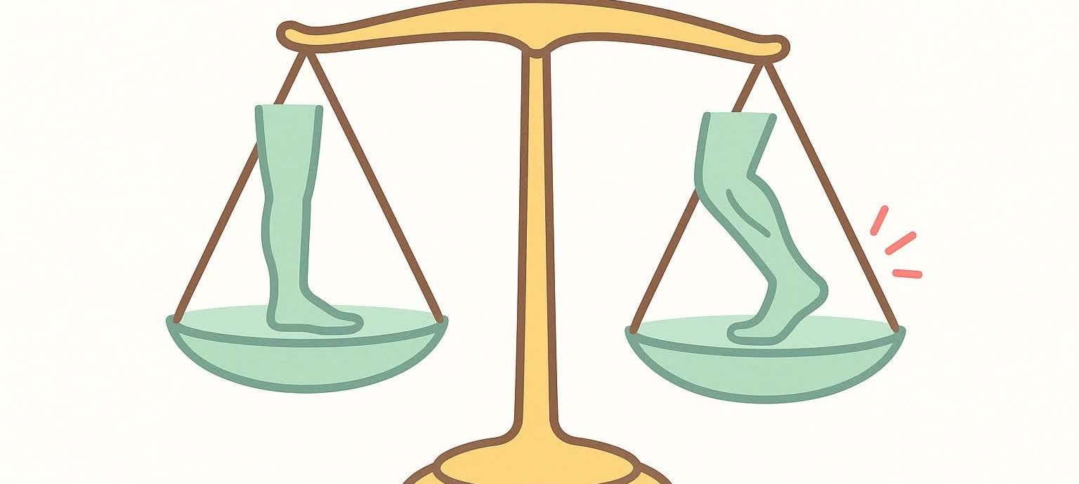 An illustration of a balance scale with a static human leg on the left pan and a bent human leg on the right pan. The pan with the bent leg is tipped lower, indicating an imbalance, with red lines radiating from the right side of the scale to emphasize this.